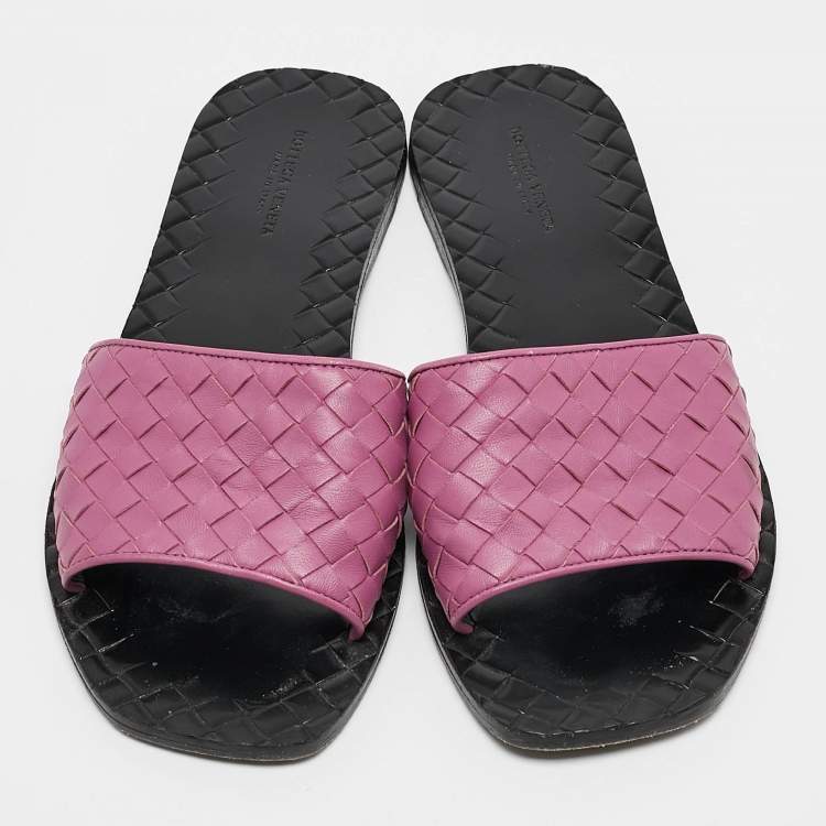 Pre Owned Bottega Veneta Purple Intrecciato Leather Slide Sandals Size 37.5