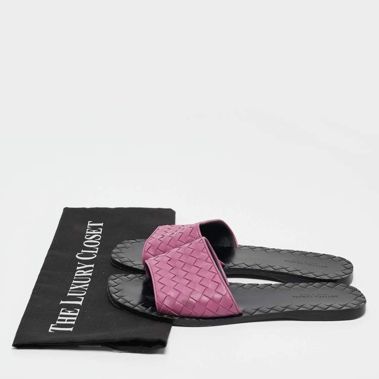 Pre Owned Bottega Veneta Purple Intrecciato Leather Slide Sandals Size 37.5
