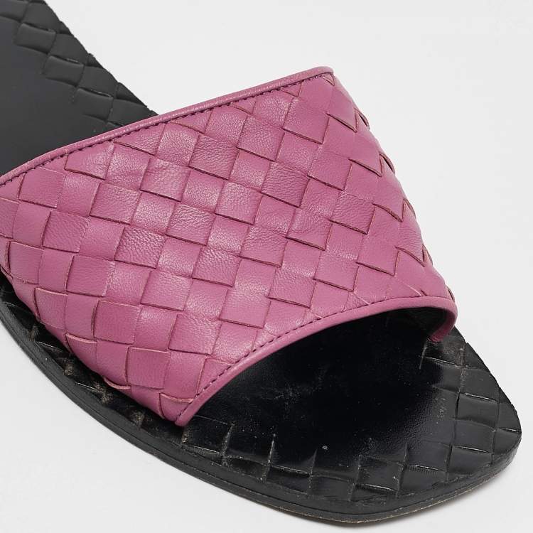 Pre Owned Bottega Veneta Purple Intrecciato Leather Slide Sandals Size 37.5