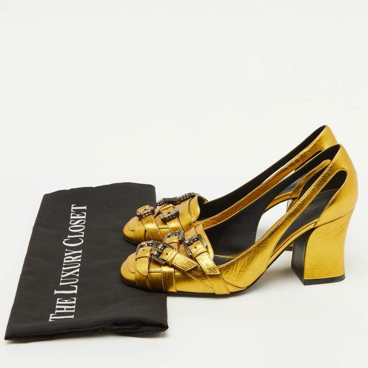 Pre Owned Bottega Veneta Gold Leather Buckle Detail Block Heel Pumps Size 36