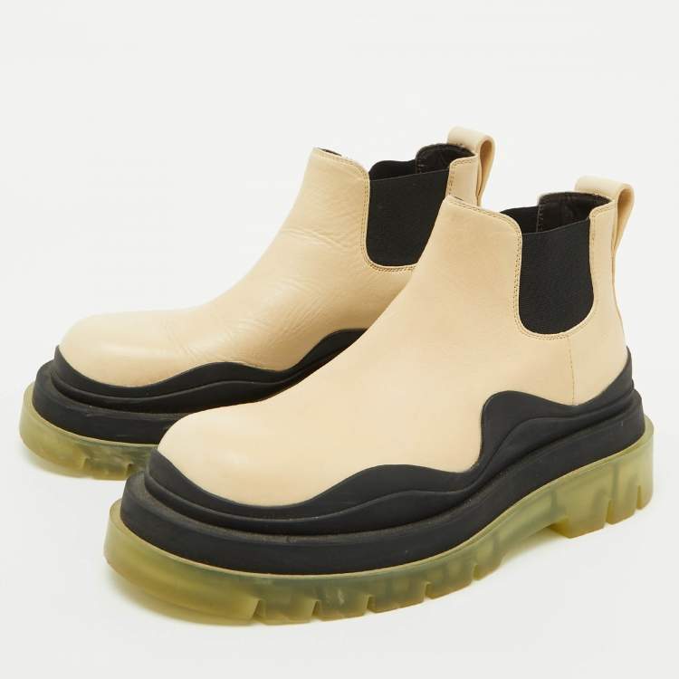 Pre Owned Bottega Veneta Cream Leather Tire Chelsea Ankle Length Boots Size 38