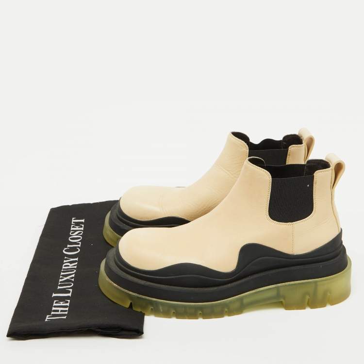 Pre Owned Bottega Veneta Cream Leather Tire Chelsea Ankle Length Boots Size 38