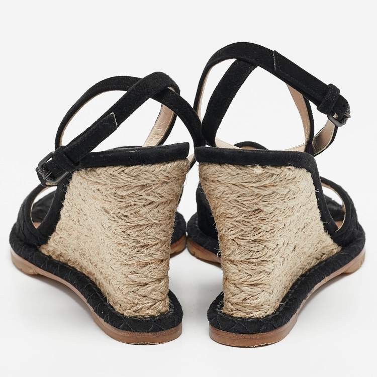 Pre Owned Bottega Veneta Black Suede Wedge Espadrille Sandals Size 38