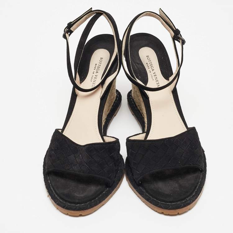 Pre Owned Bottega Veneta Black Suede Wedge Espadrille Sandals Size 38