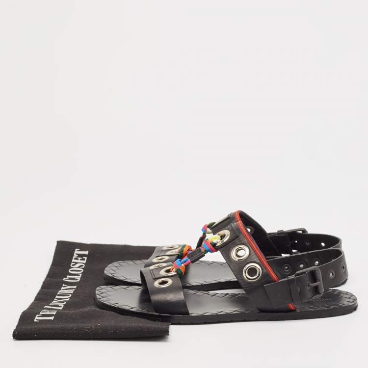Pre Owned Bottega Veneta Black Leather Grommet Slingback Flat Sandals Size 40