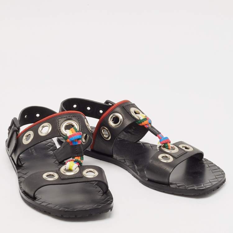 Pre Owned Bottega Veneta Black Leather Grommet Slingback Flat Sandals Size 40