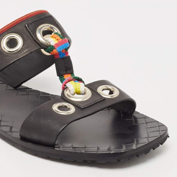 Pre Owned Bottega Veneta Black Leather Grommet Slingback Flat Sandals Size 40