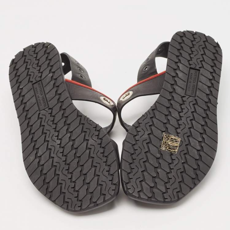 Pre Owned Bottega Veneta Black Leather Grommet Slingback Flat Sandals Size 40