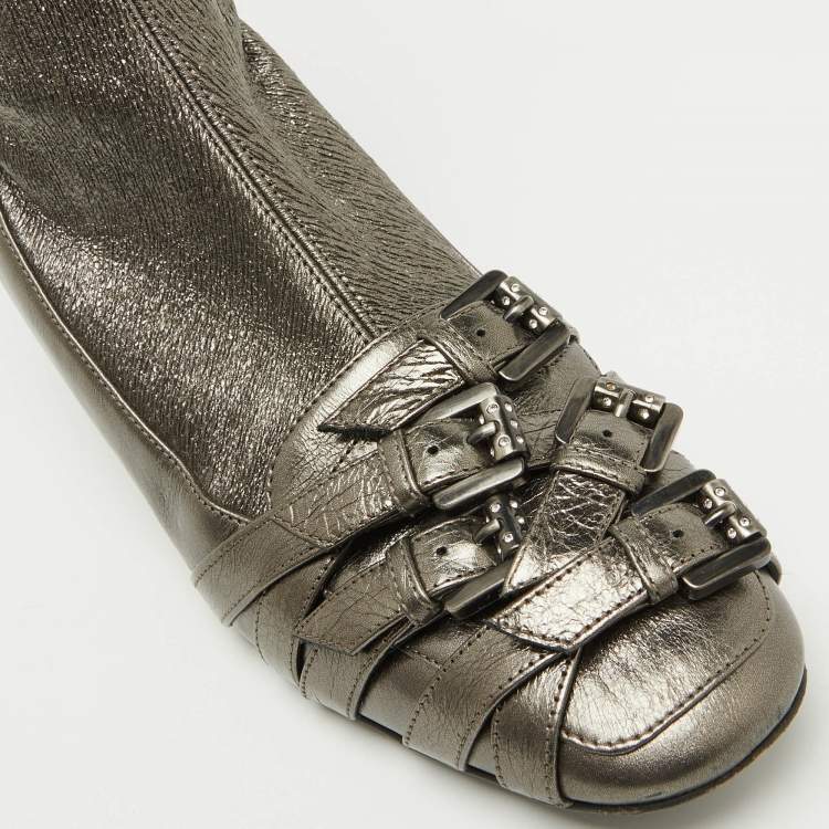 Pre Owned Bottega Veneta Metallic Leather and Fabric Knee High Boots Size 38