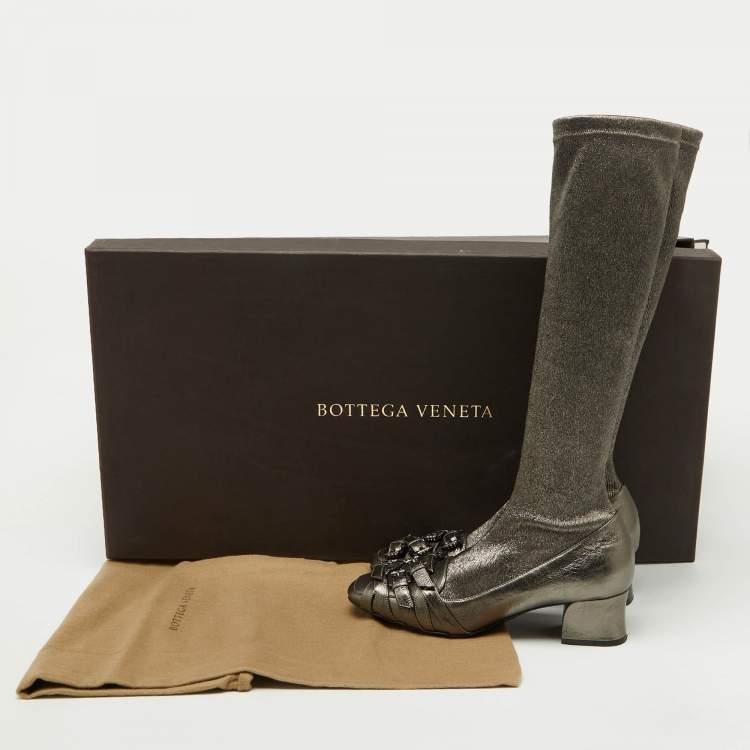 Pre Owned Bottega Veneta Metallic Leather and Fabric Knee High Boots Size 38