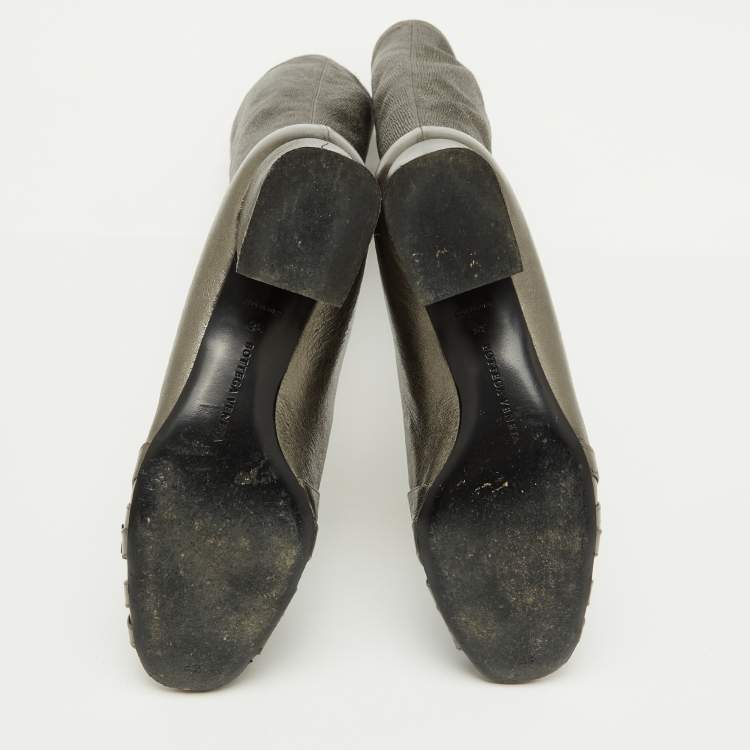 Pre Owned Bottega Veneta Metallic Leather and Fabric Knee High Boots Size 38