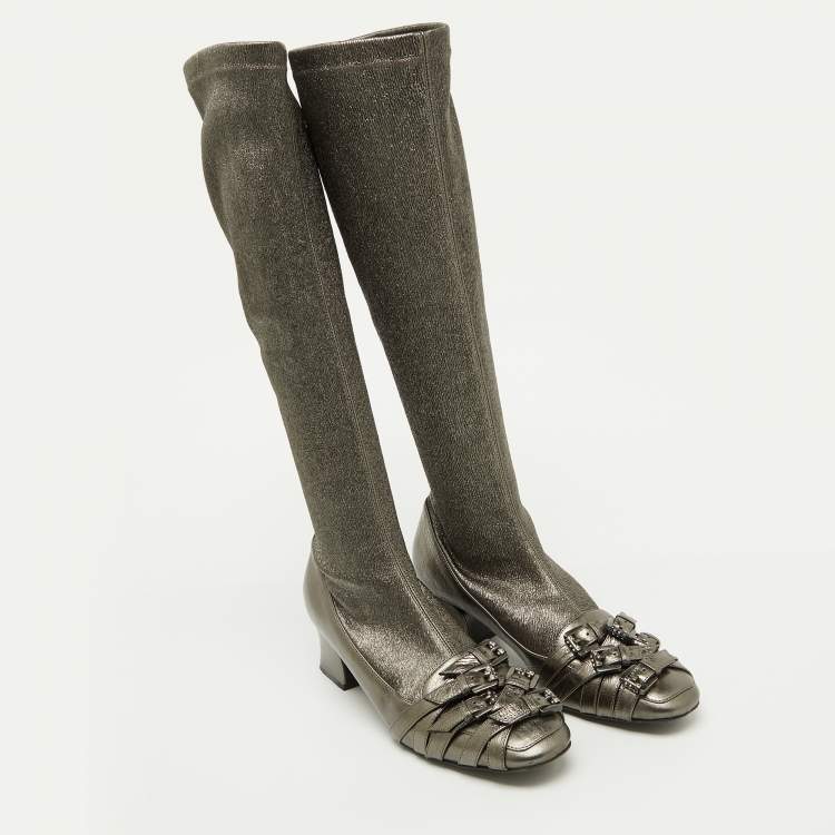 Pre Owned Bottega Veneta Metallic Leather and Fabric Knee High Boots Size 38