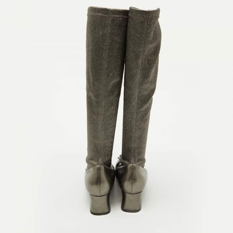 Pre Owned Bottega Veneta Metallic Leather and Fabric Knee High Boots Size 38