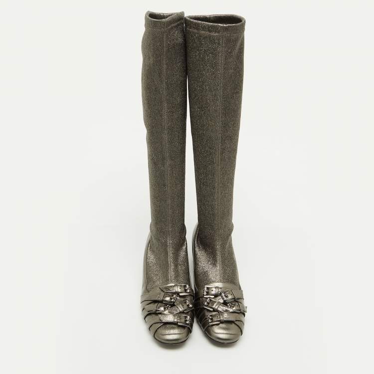 Pre Owned Bottega Veneta Metallic Leather and Fabric Knee High Boots Size 38