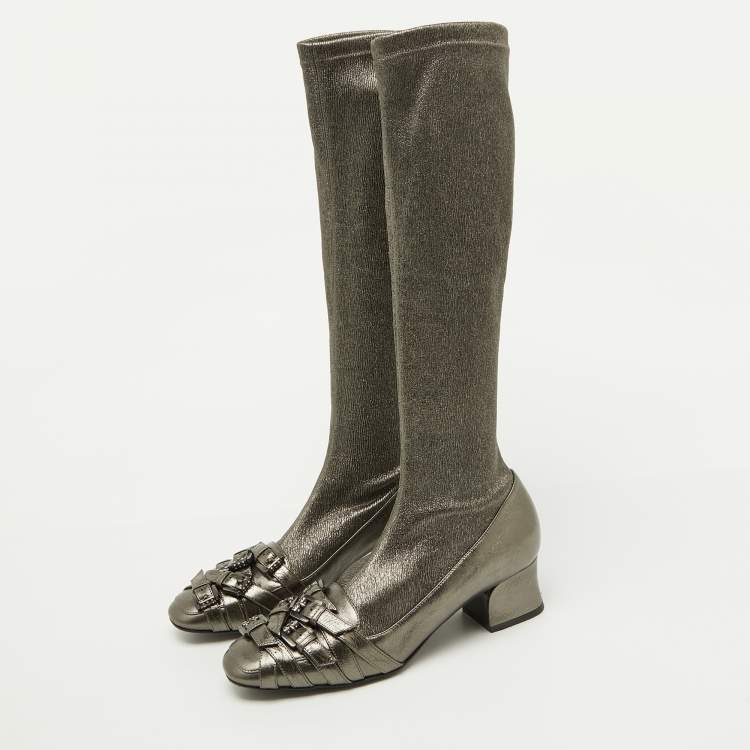 Pre Owned Bottega Veneta Metallic Leather and Fabric Knee High Boots Size 38