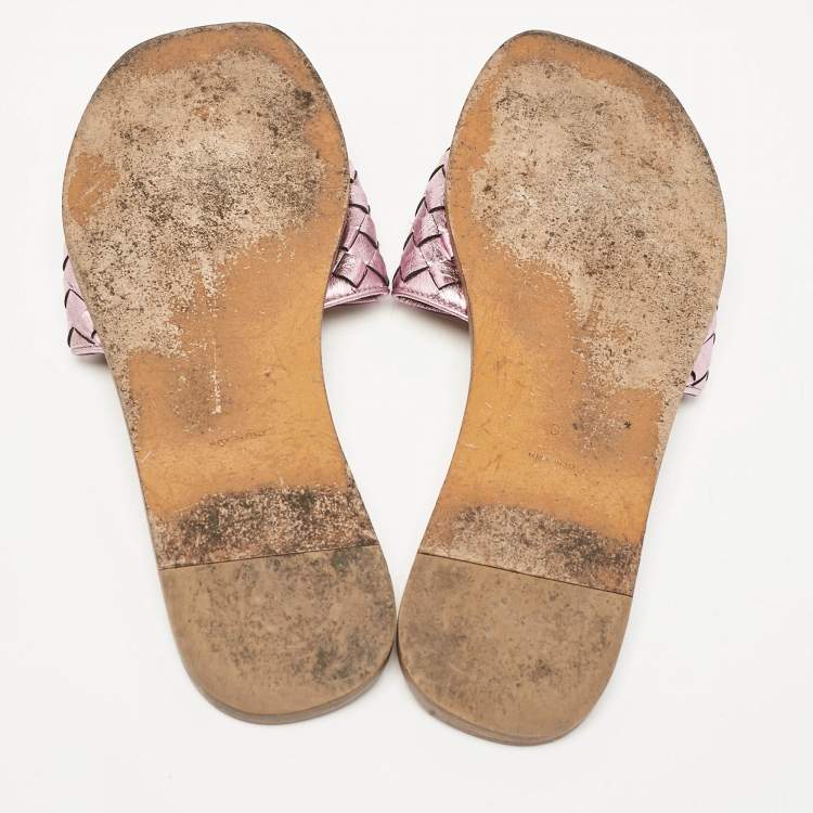 Pre Owned Bottega Veneta Rose Pink Intrecciato Leather Flat Sandals Size 37.5