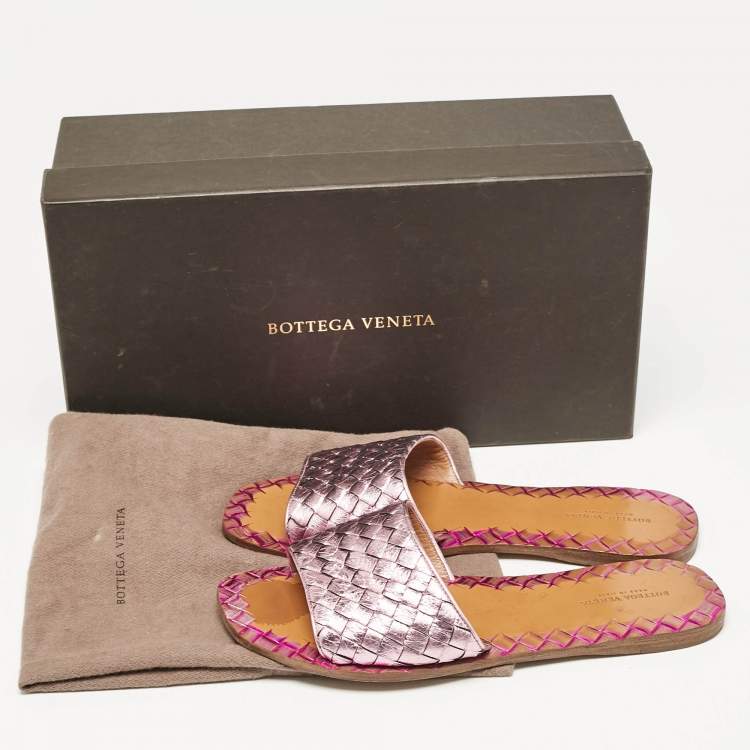 Pre Owned Bottega Veneta Rose Pink Intrecciato Leather Flat Sandals Size 37.5