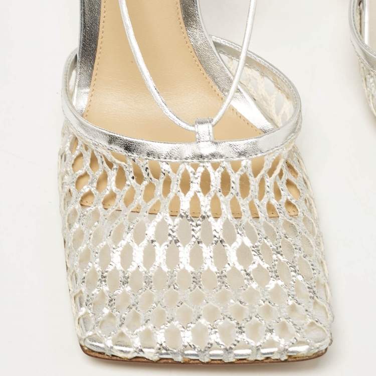 Pre Owned Bottega Veneta Silver Mesh and Leather Stretch Ankle Tie Pumps Size 40