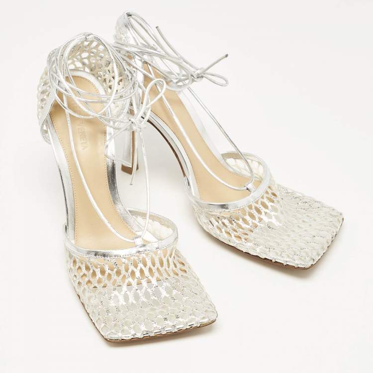 Pre Owned Bottega Veneta Silver Mesh and Leather Stretch Ankle Tie Pumps Size 40