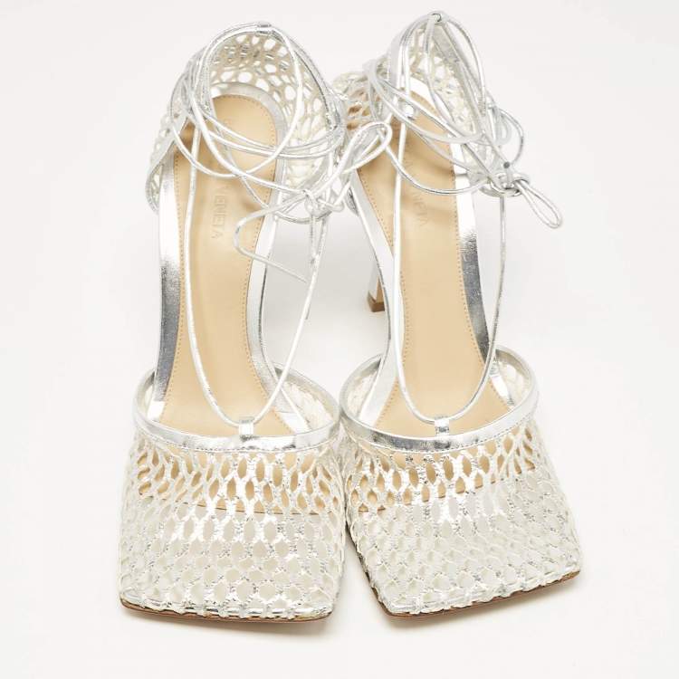 Pre Owned Bottega Veneta Silver Mesh and Leather Stretch Ankle Tie Pumps Size 40