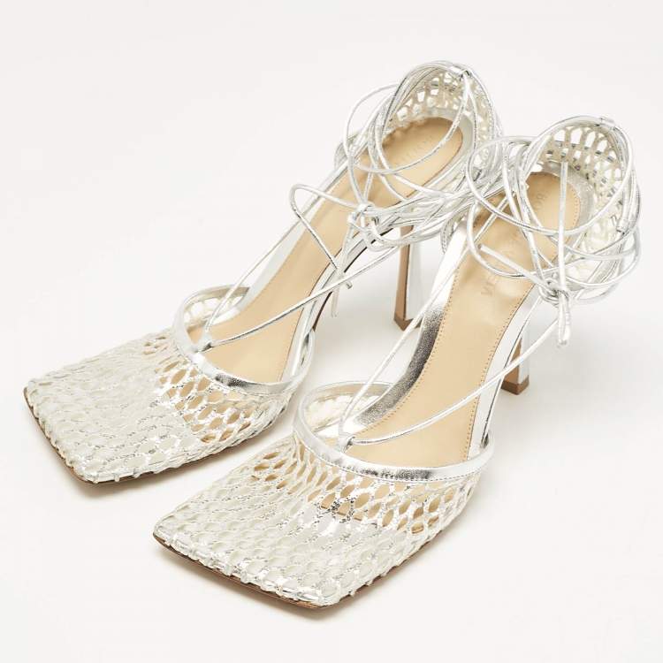 Pre Owned Bottega Veneta Silver Mesh and Leather Stretch Ankle Tie Pumps Size 40