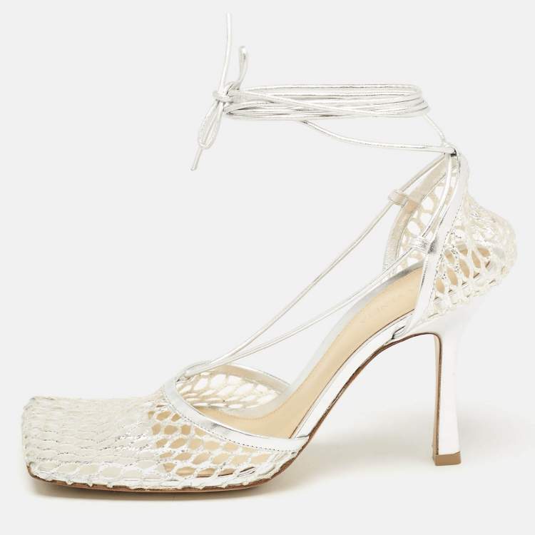 Pre Owned Bottega Veneta Silver Mesh and Leather Stretch Ankle Tie Pumps Size 40