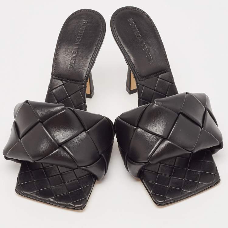 Pre Owned Bottega Veneta Black Intrecciato Leather Lido Slide Sandals Size 35
