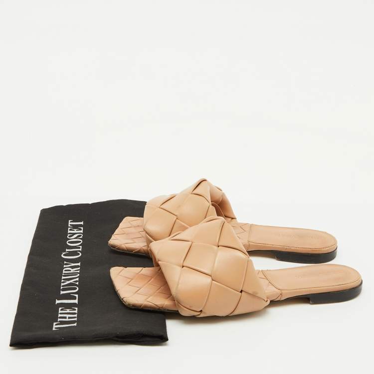Pre Owned Bottega Veneta Light Brown Leather Lido Flat Slide Sandals Size 38