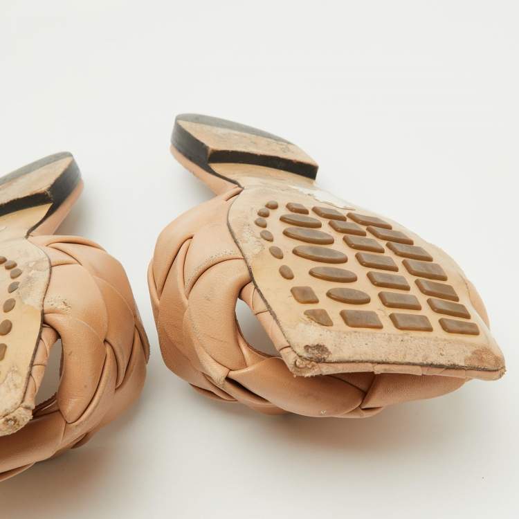 Pre Owned Bottega Veneta Light Brown Leather Lido Flat Slide Sandals Size 38
