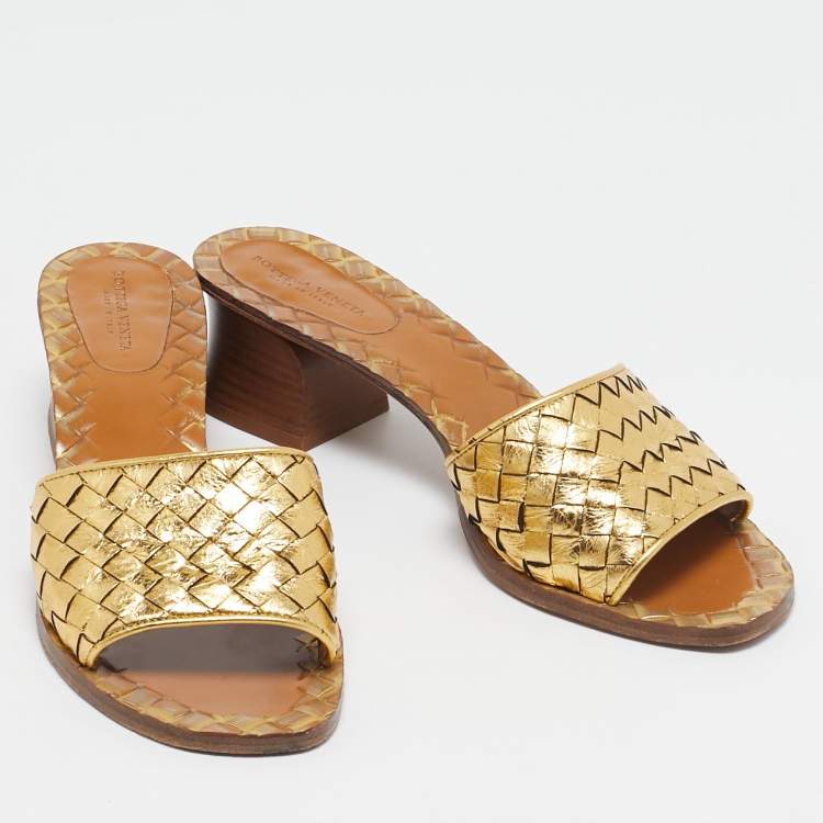 Pre Owned Bottega Veneta Metallic Intrecciato Leather Slide Sandals Size 37.5