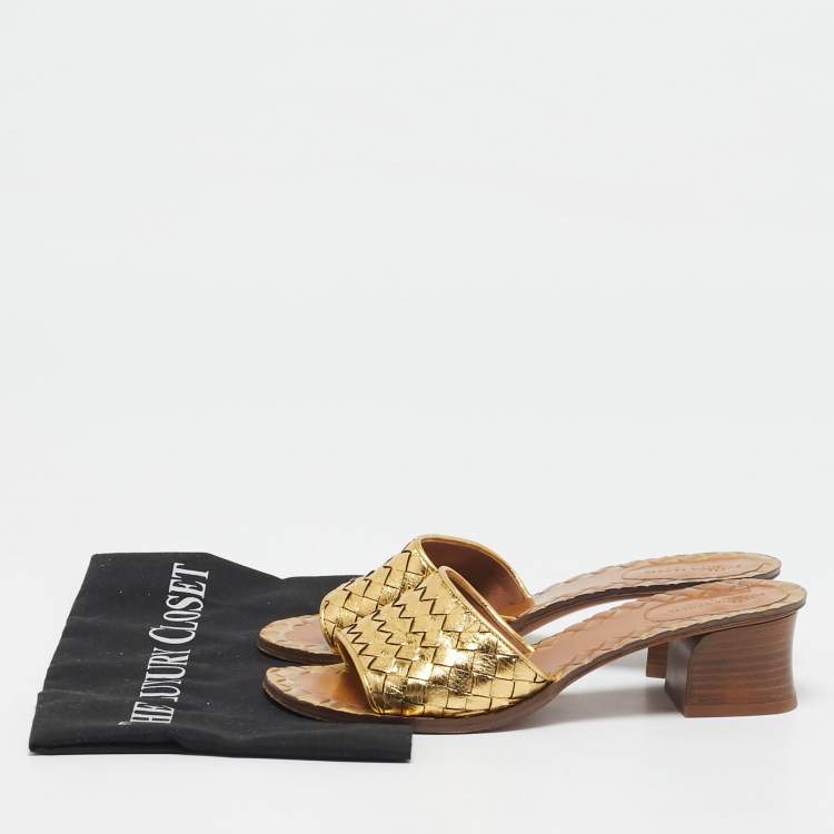 Pre Owned Bottega Veneta Metallic Intrecciato Leather Slide Sandals Size 37.5