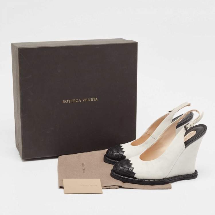 Pre Owned Bottega Veneta White/Black Intrecciato Suede and Leather Espadrille Wedge Sandals Size 39