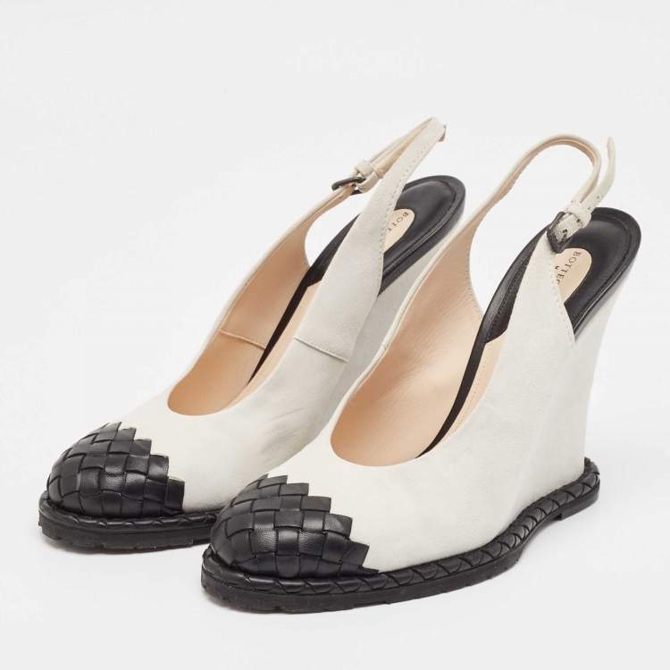 Pre Owned Bottega Veneta White/Black Intrecciato Suede and Leather Espadrille Wedge Sandals Size 39