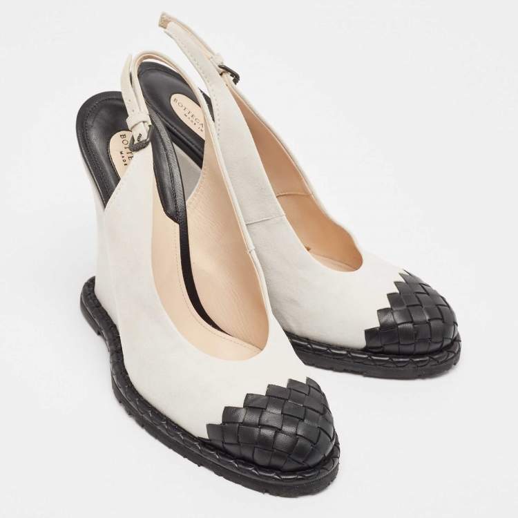 Pre Owned Bottega Veneta White/Black Intrecciato Suede and Leather Espadrille Wedge Sandals Size 39