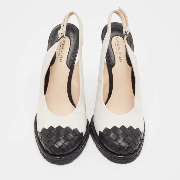 Pre Owned Bottega Veneta White/Black Intrecciato Suede and Leather Espadrille Wedge Sandals Size 39