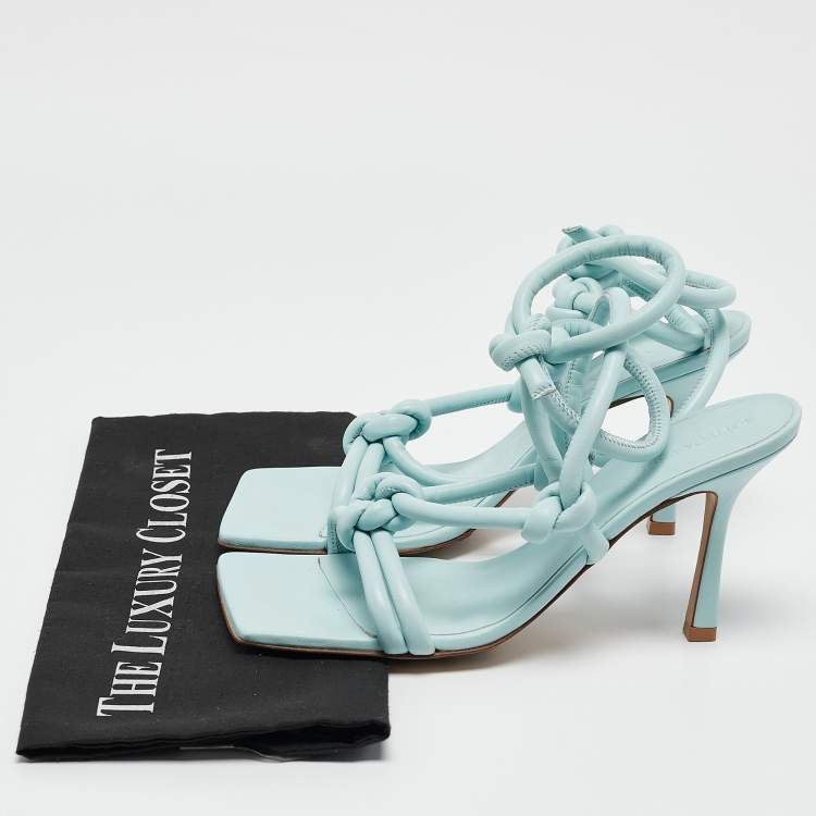 Pre Owned Bottega Veneta Blue Knotted Leather Ankle Strap Sandals Size 39
