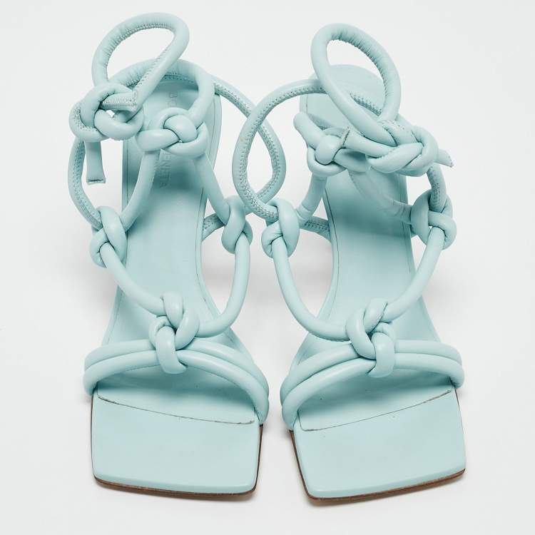 Pre Owned Bottega Veneta Blue Knotted Leather Ankle Strap Sandals Size 39