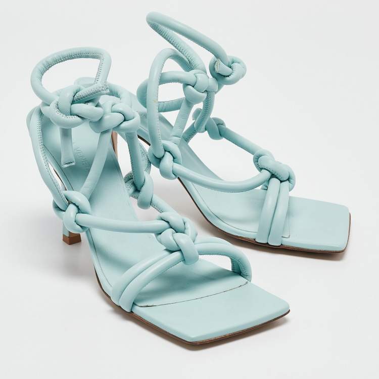 Pre Owned Bottega Veneta Blue Knotted Leather Ankle Strap Sandals Size 39