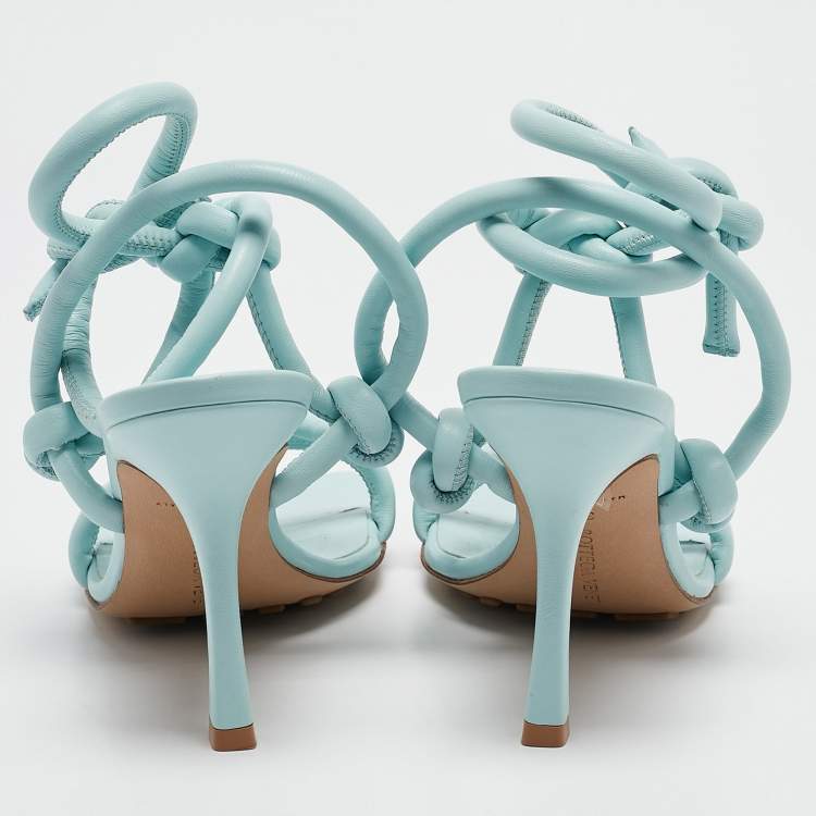 Pre Owned Bottega Veneta Blue Knotted Leather Ankle Strap Sandals Size 39