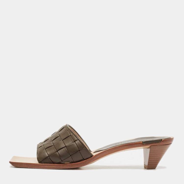 Pre Owned Bottega Veneta Dark Brown Intrecciato Leather Square Toe Slide Sandals Size 38.5