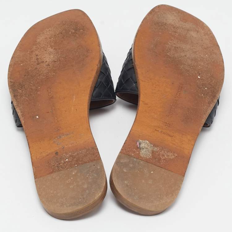 Pre Owned Bottega Veneta Black Leather Intrecciato Flat Slides Size 38
