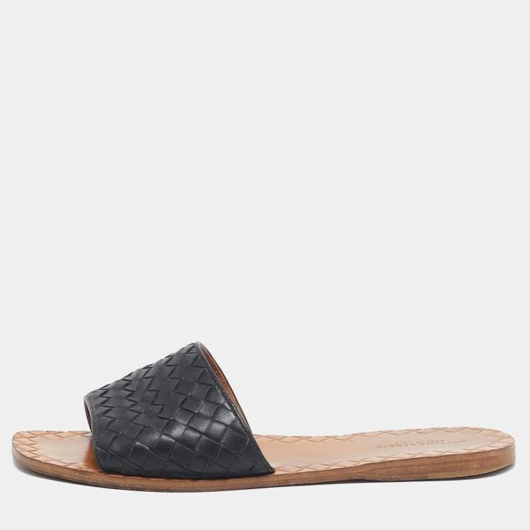 Pre Owned Bottega Veneta Black Leather Intrecciato Flat Slides Size 38