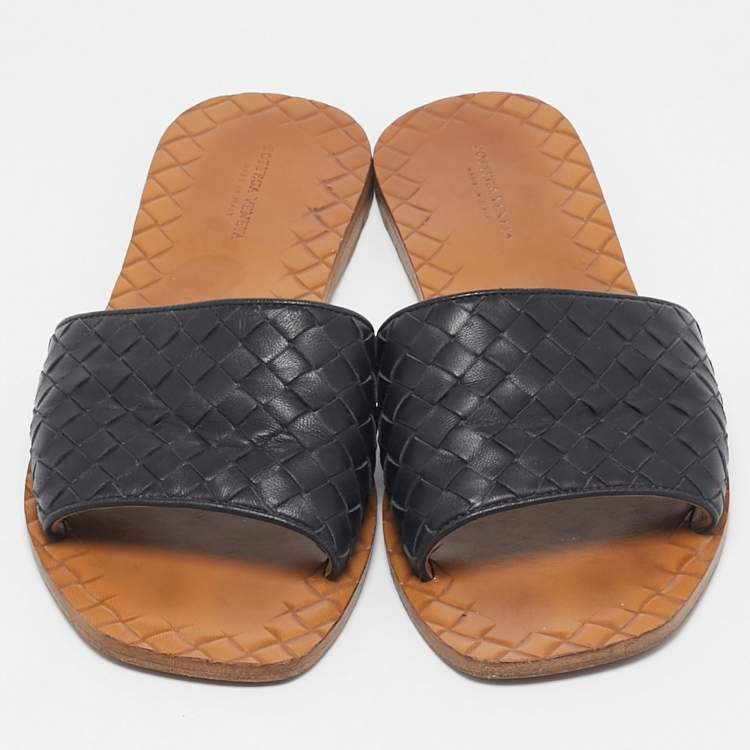 Pre Owned Bottega Veneta Black Leather Intrecciato Flat Slides Size 38