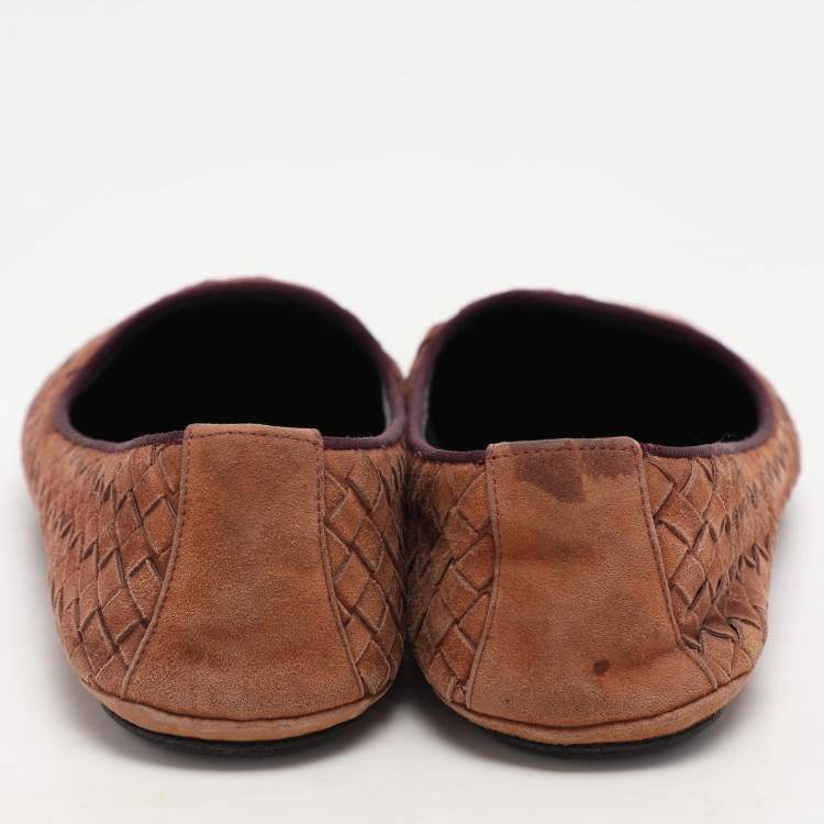 Pre Owned Bottega Veneta Brown Suede Intrecciato Flats Size 38