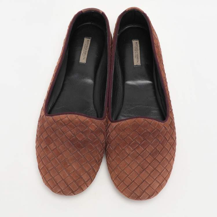 Pre Owned Bottega Veneta Brown Suede Intrecciato Flats Size 38