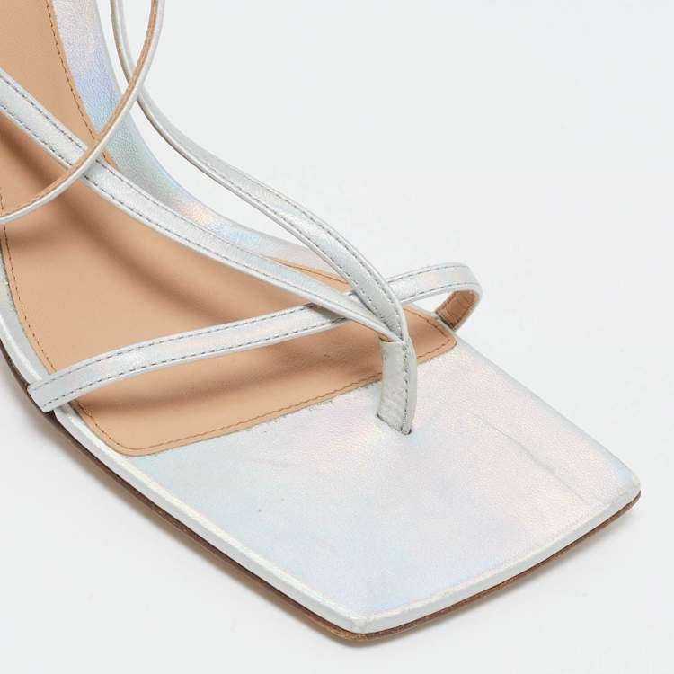 Pre Owned Bottega Veneta Silver Iridescent Leather Stretch Ankle Strap Sandals Size 39.5