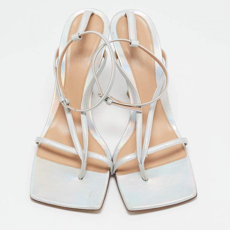 Pre Owned Bottega Veneta Silver Iridescent Leather Stretch Ankle Strap Sandals Size 39.5