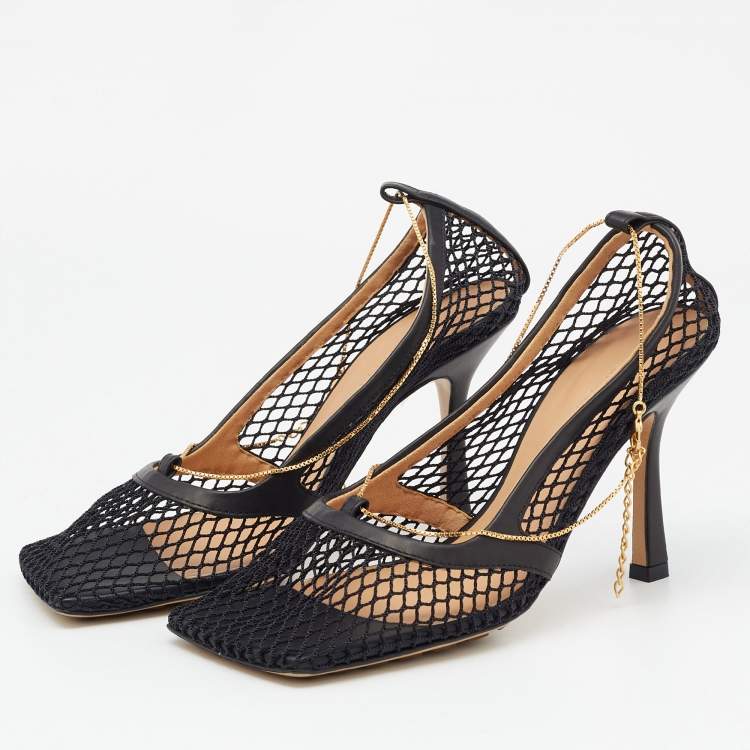 Pre Owned Bottega Veneta Black Mesh and Leather Stretch Pumps Size 36.5 