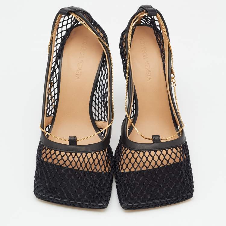 Pre Owned Bottega Veneta Black Mesh and Leather Stretch Pumps Size 36.5 