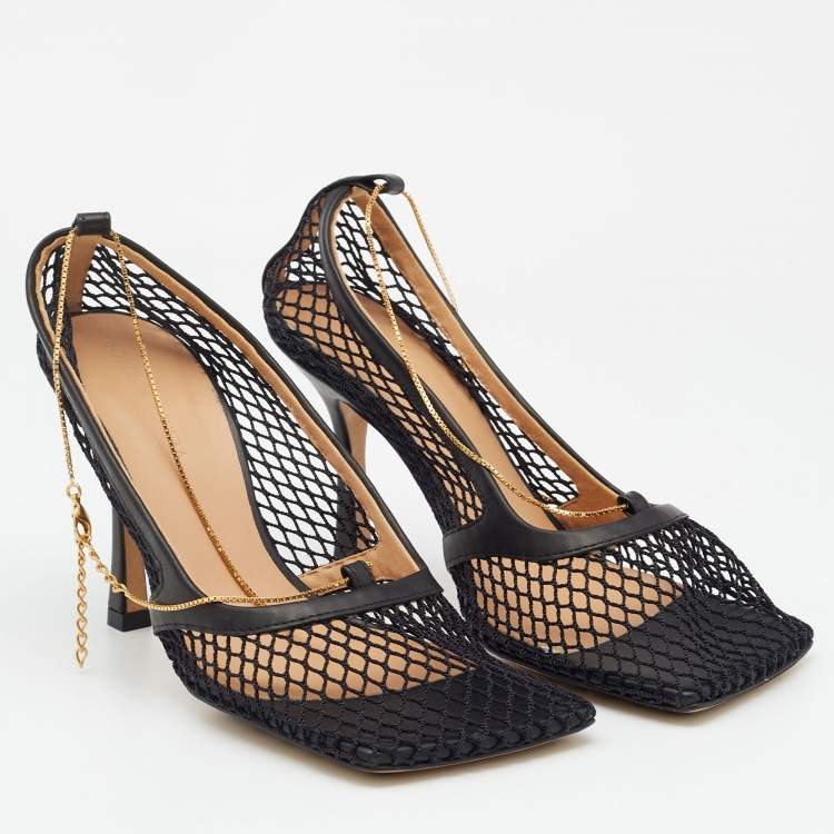 Pre Owned Bottega Veneta Black Mesh and Leather Stretch Pumps Size 36.5 